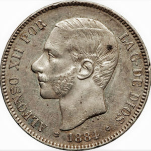 5 pesetas Alfonso XII met bakkebaarden koning van Spanje